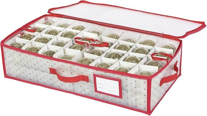 Sattiyrch Plastic Christmas Ornament Storage Box with Trays,Customizable Dividers, Dust-Proof Durable Ornament Organizer Holder,Christmas Storage Containers,Holds 64 x 3 Ornaments,Underbed