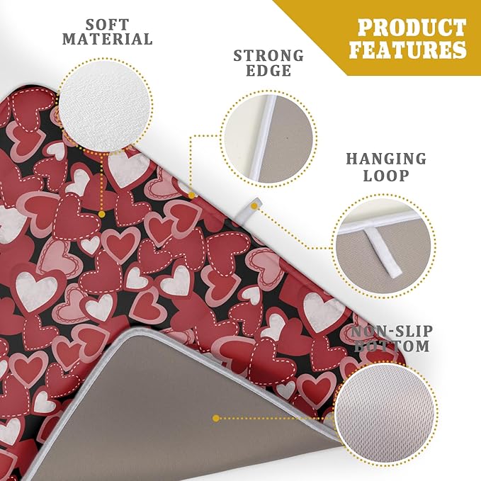 Valentines Day Dish Drying Mat for Kitchen Counter 24x18 Inch Love Drying Mat with Absorbent Reversible Microfiber Black Red Grey Heart Dish Drainer Mats Rack Pad for Coffee Countertop Protector