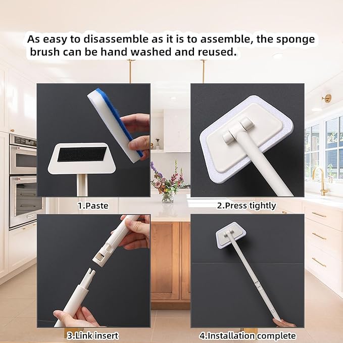Tub Tile Scrubber Cleaning Brush, Sponge on a Stick for Cleaning Adjustable Long Handled Scrub Brush with 21.7'' Handle for Cleaning Shower Bathroom Vessel Sinks Toilet Wall Floor White