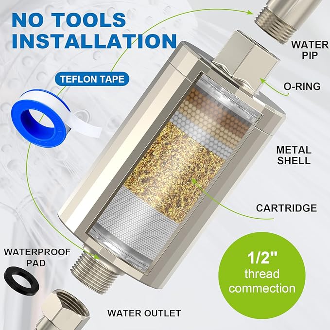 ALL METAL Shower Head Filter – KDF 55 Shower Filter Vitamin C E&A for Hard Water, High Pressure Universal Shower Water Filters to Reduce Toxic Chemicals, Chlorine and Heavy Metals,Brushed Nickel