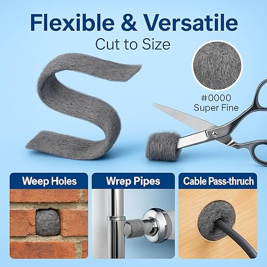 Steel Wool #0000 Grade Pads, 60 Pack – Flexible Cut to Size Wire Wool for Glass Shower Door Hard Water Removal, Chrome & Stainless Steel Polishing, Weep Hole Gap Filler, Mice Control & Rodent Barrier
