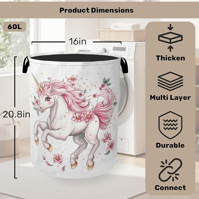 Unicorn Pink Foldable Canvas Laundry Basket with Handles - Toy Organizer, Heavy Duty for Home，Bedroom, Dorm, Bathroom
