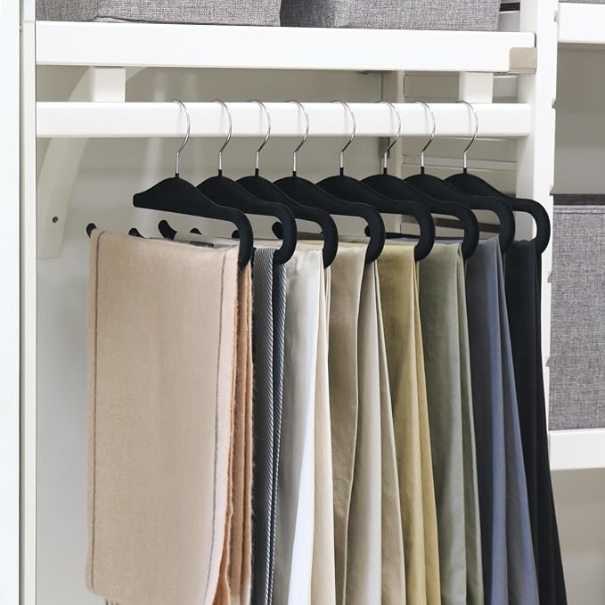 Velvet Pants Hangers, 20 Pack Non-Slip Open Ended Hangers with 360° Swivel Hook Slim Space Saving Jeans Hangers for Pants, Scarves, Ties, Towels, Black