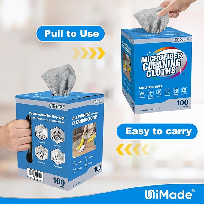 UNIMADE Microfiber Cleaning Cloth, 100 Sheets Microfiber Towels for Cars Commercial Grade Washcloths Lint-Free Bulk Shop Towel Cleaning Rags for Mechanic Restaurant Garage Housekeeping, 11"x 9", Grey