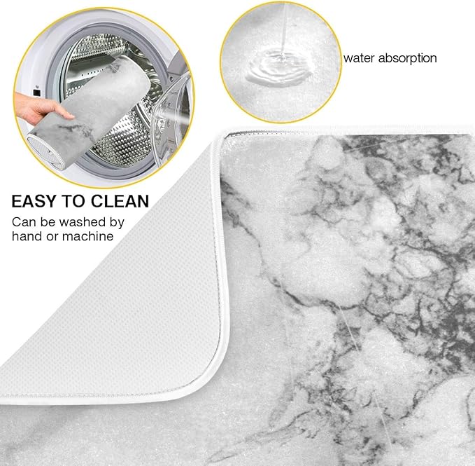 Black Grey Marble Dish Drying Mat 16x18 for Kitchen White Marble Print Dishes Pad Dish Drainer Rack Mats Absorbent Fast Dry Kitchen Accessories