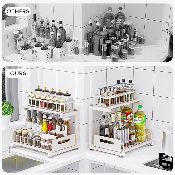 Toyear Under Sink Organizer, Heavy Duty Metal Pull Out Cabinet Organizer Slide Out Sink Shelf Organizer Height Adjustable, Multi-Purpose Storage Shelf for Kitchen Bathroom(Sand,2Pack)