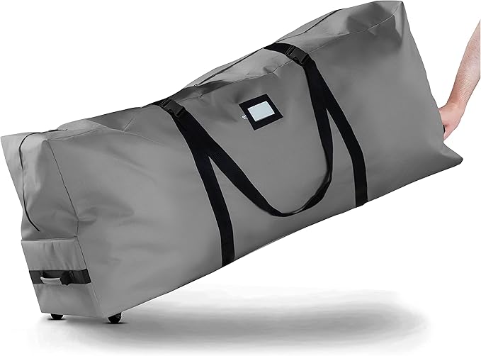 ZOBER 600D Oxford Fabric Rolling Christmas Tree Storage Bag - Fits 7.5 Ft Artificial Trees - Waterproof Christmas Tree Bag For Storage Box For Xmas, Durable Handles and Wheels - Card Slot - Gray