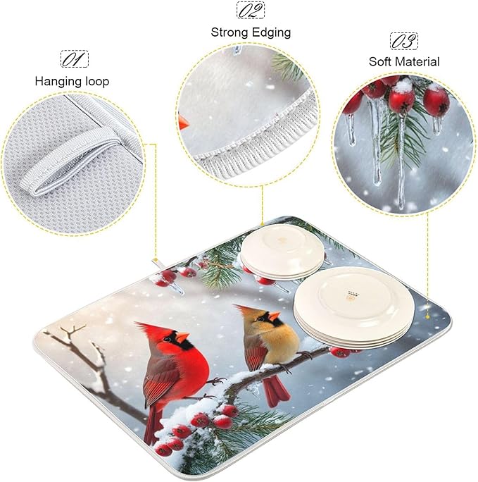 Winter Cardinal Birds Dish Drying Mat for Kitchen Countertop 18x24 Christmas Poinsettia Berry Snow Large Drying Mat Reusable Quick Dry Dish Sink Mats Easy Clean Decorative Essentials