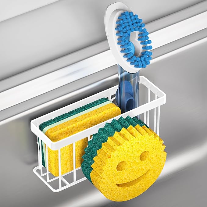 MURLONG Sponge Holder Smiley Face,Sink Caddy,Kitchen Organizer with 2 Suction Cups/1 Adhesive Strips,Designed for Sponge,Soap,Dish Brush,Scrubber - White