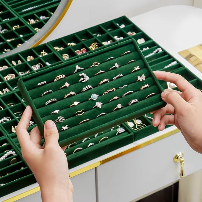 SPAKOWN Jewelry Drawer Organizer Inserts Set of 9, Jewelry Trays for Drawers Velvet Jewelry Organizer Tray Drawer Jewelry Organizers and Storage for Earring Ring Necklace Watch Bracelet (Green)