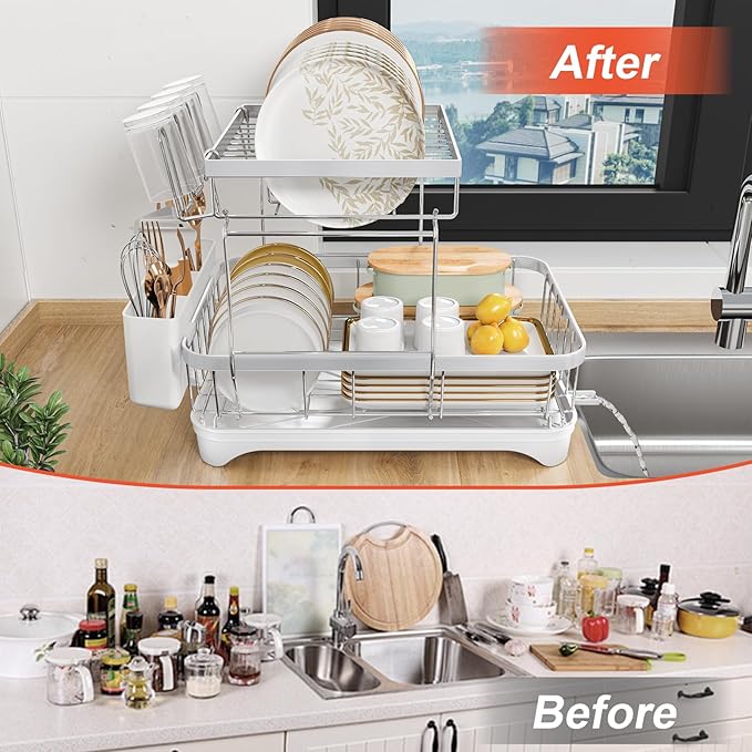 HOMEAILIE Dish Drying Rack for Kitchen Counter, 2-Tier 304 Stainless Steel Dish Rack with Adjustable Drainage Board, Removable Cup Holder, Utensil Holder, White