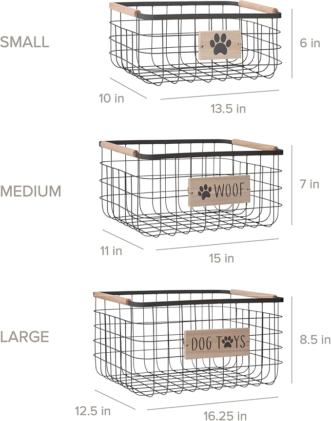 RGI Home Dog Toy Storage Baskets – Set of 3 Rectangular Metal Organizer Bins for Pet and Household Storage, Multi-Sized with Wood Accents, Durable and Rustic, Antique Gray Metal