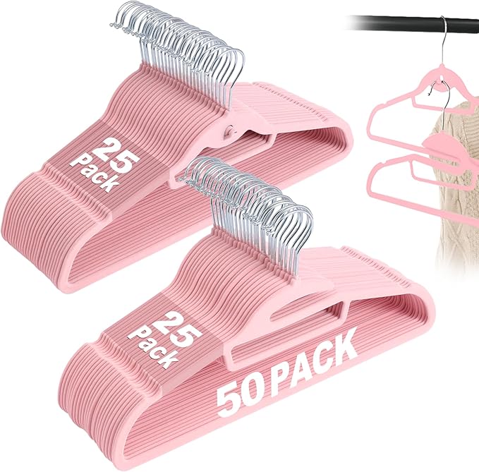 UEAKPIC Velvet Hangers 50 Pack, S-Shaped and Stackable Non Slip with 360°Swivel Hook, Ultra Thin and Space Saving Flocked, for Suits, Shirts, Coats, 15Lbs Capacity Heavy Duty, Pink