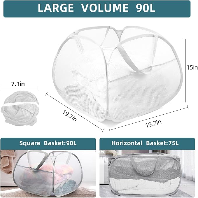 Bemkoo Collapsible Laundry Basket, 90L Large Foldable Mesh Pop Up Hamper for Laundry, Dirty Clothes, Bedroom, Bathroom, Dorm, Laundry Room, Travel, Camping, White