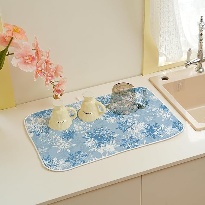 Christmas Dish Drying Mat 18x24 Inch Blue White Snowflake Winter Drying Mat Winter Xmas Holiday Absorbent Dish Drying Pad Dish Rack Drainer Mats for Kitchen Dining Counter