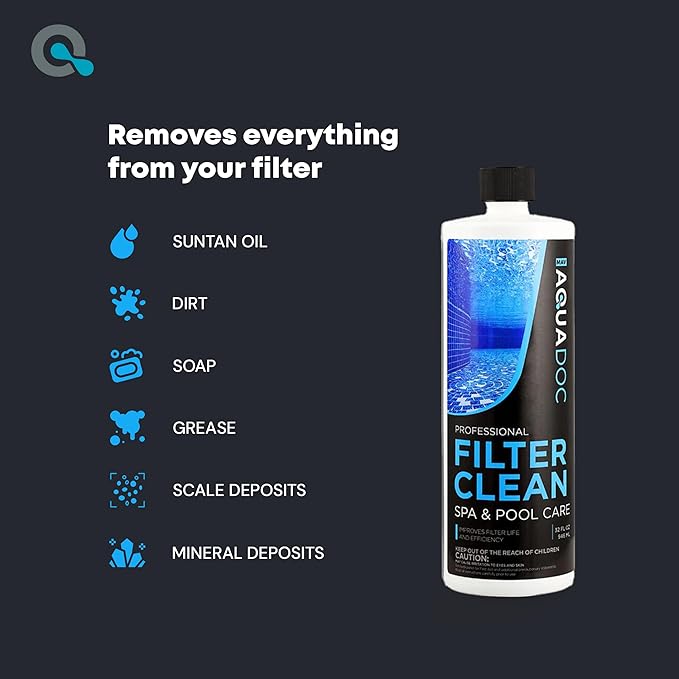 Hot Tub Filter Cleaner Soak, Pool Filter Cleaner & Pool Cartridge Cleaner - Spa Filter Cleaner Soak & Spa Filter Cleaning Solution for HotTub Cartridges. Easy to Use Filter Degreaser | AquaDoc 32oz