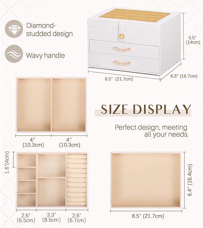 White Jewelry Box Organizer: Home Decor for Women - 2-Drawer Holder for Valentine’s Day Birthday Gift White Gold