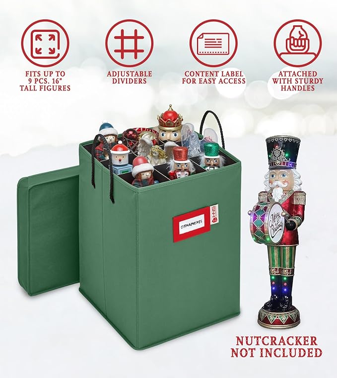 Christmas Nutcracker Collectible Storage Box - Stores Up to 16" Tall Nutcrackers, Ornaments & More - Holiday Decor Organizer with Adjustable Dividers