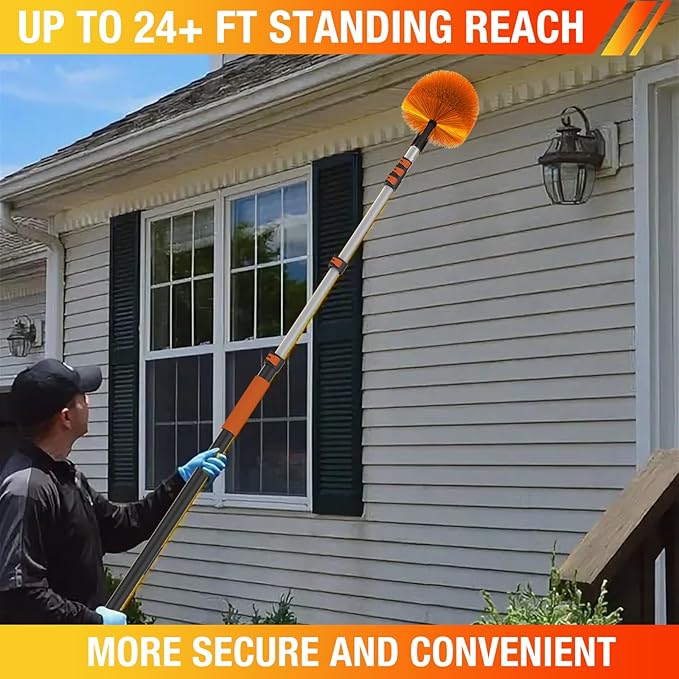 24FT (30FT Reach) Cobweb Duster with Extension Pole, Spider Web Brush for Cleaning Extendable, Professional Ceiling and Corner Dusters for Outdoor Indoor Use