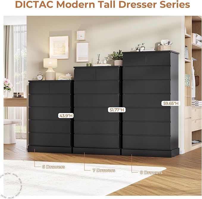 DICTAC Black Tall Dresser for Bedroom with 6 Drawers, 43.9" Tall Dressers & Chests of Drawers, Modern Wood Closet Organizer and Storage Cabinet, Large Vertical Dresser for Bedroom, Closet, Hallway