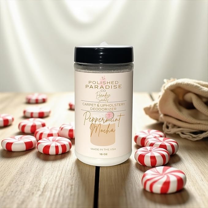 Polished Paradise Co Paradise Scents Carpet and Upholstery Deodorizer, Christmas Holiday Scent Powder for Rugs and Textiles, 16 Oz (Peppermint Mocha)