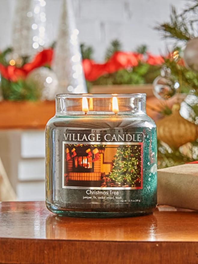 Village Candle Christmas Tree Medium Glass Apothecary Jar Scented Candle, (16oz), Green
