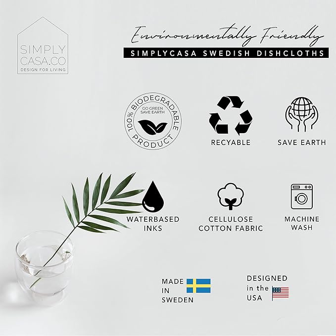 SIMPLYCASA 8 Pack Reusable Swedish Dishcloth, for Kitchen and Household Use, Super Absorbency, Made in Sweden, Cellulose Sponge Dish Cloths, Paper Towel Replacement, Plastic-Free Packaging