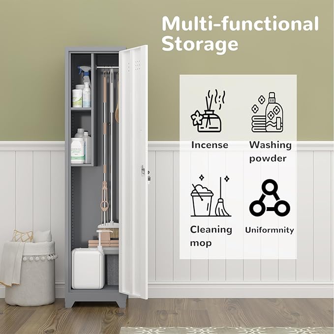 Metal Garage Storage Cabinet,Broom Closet Storage Cabinet,Utility Closet Cabinet for Garage,Office,Gym,Grey-White