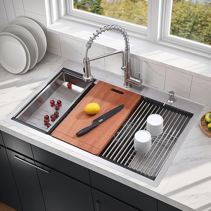 VCCUCINE 33x22 Inch Drop In Kitchen Sink,Overmount Stainless Steel Single Bowl Workstation Laundry Sink Top mount 2 Hole Farmhouse Kitchen with Cutting Board & Accessories