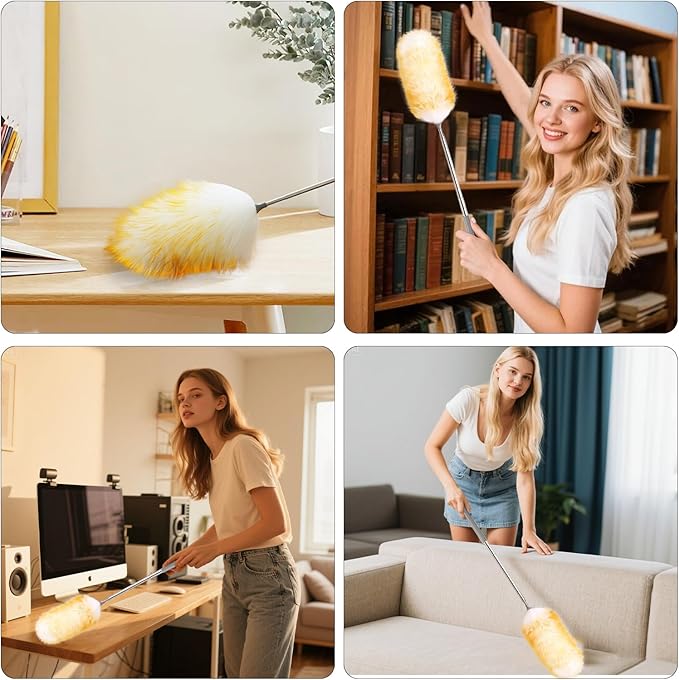 FeelfunFeather Mini Feathers Duster,Telescoping Lambswool Dusters with Stainless Steel Extension Pole Up to 34" for Cleaning High Ceiling Fan, High Ceilings,Furniture,Hard to Reach Areas