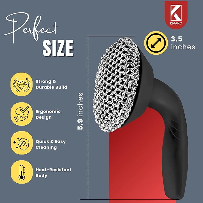 KIVANO Cast Iron Scrubber with Pan Scraper, 316L Chainmail Scrubber, Long Handle Cast Iron Cleaner for Dishes, Pans, Grills, Upgraded Chain Mail Scrubber for Grill Pan Skillet Wok Carbon Steel