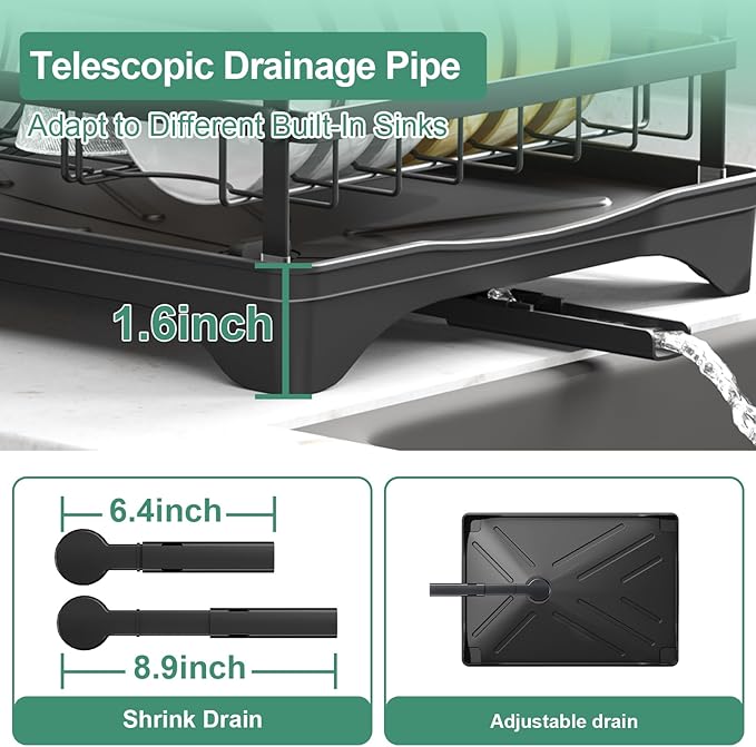 HOMEAILIE Dish Drying Rack for Kitchen Counter, Large Dish Drying Rack with Utensil Holder & Cutlery Tray, Dish Drainer with Drainboard, Black