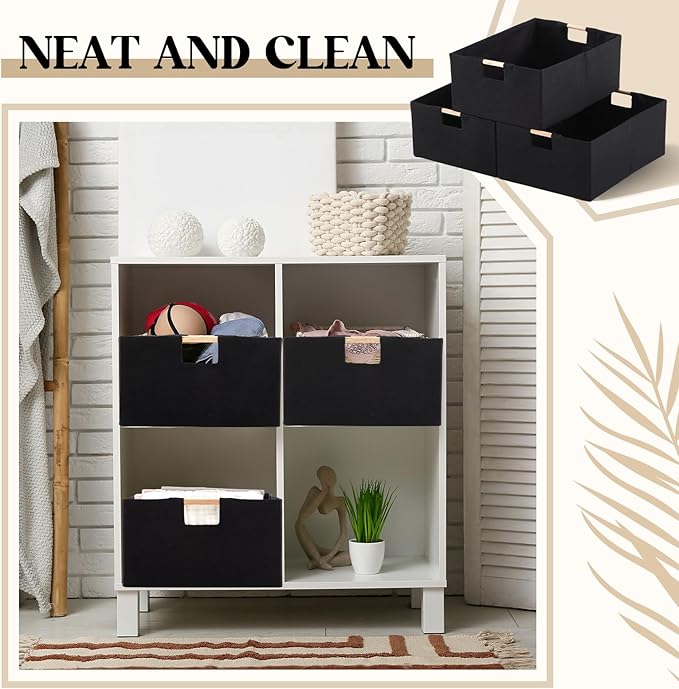 3 Pack Fabric Storage Bins for Closet Shelves, Rectangle Wardrobe Organizer with Handle, Collapsible Shelves Storage Basket for Sorting Clothes and Toy (Black,16.5 x 12.2 x 6.7 Inch)