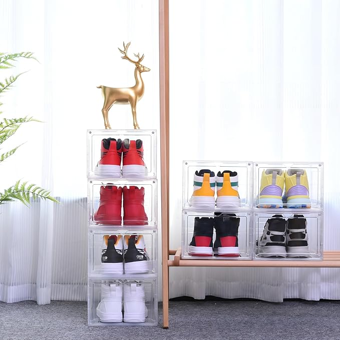 Large Clear Shoe Storage Boxes Stackable, 12 Pack Hard Plastic Shoe Storage Organizer with Magnetic Door, Shoe Container Sneaker Storage Display Case Fit up to US Size 12 Clear