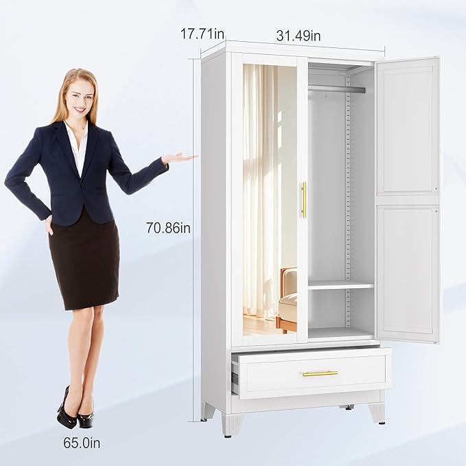 71" H Metal Armoire Wardrobe Closet with Mirror,Household Steel Wardrobe Cabinet with Drawers,Clothing Storage Wardrobe Cabinet with Adjustable Shelves and Hanging Rod for Bedroom（White）