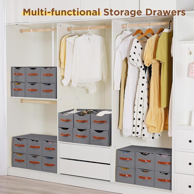 4 Pack Stackable Storage Drawers, Fabric Closet Organizers and Storage with Handles and Clear Window, Pull-Out Clothes Storage Bins with Drawer for Closet, Bedroom, Living Room, Under Bed, Gray