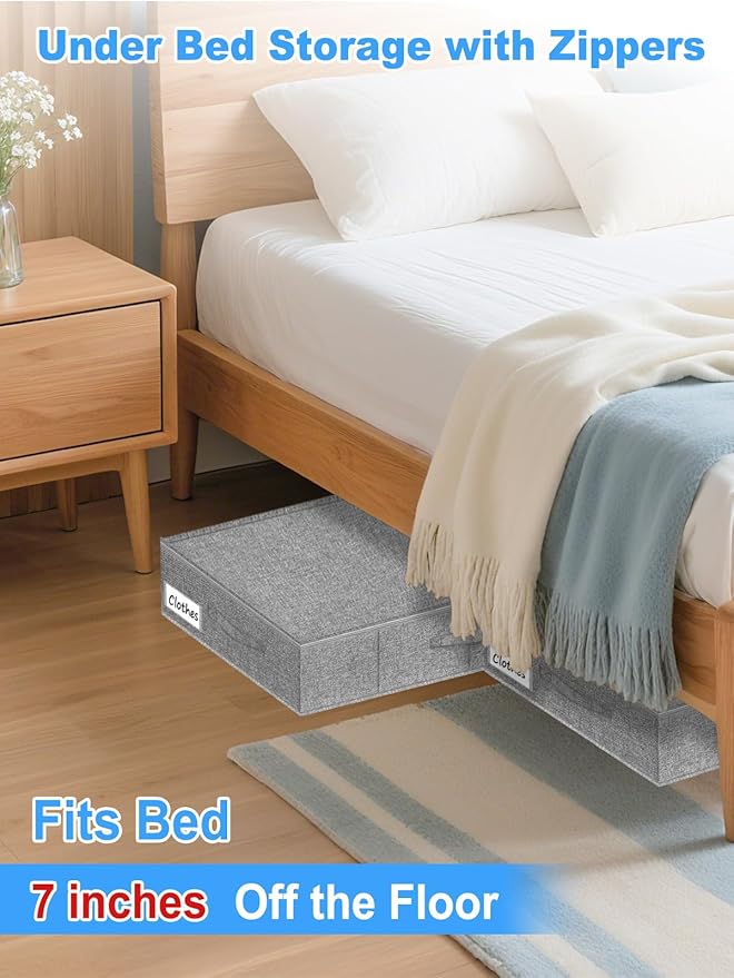 boailydi Under Bed Storage Container, 7" Tall Underbed Storage Bin with Rigid Sides & Bottom, Large Under-Bed Clothes Organizer with Zippered Lid for Bedroom, Dorm, Sofa, 30x15x6.7, Grey
