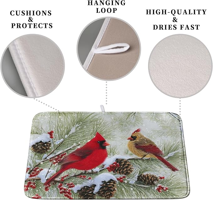 Kwlegh Winter Dish Drying Mat for Kitchen Counter 18x24 Inch Christmas Red Birds Drying Mats Xmas Holiday Microfiber Absorbent Dishes Drainer Mats Cardinal Dish Rack Pad