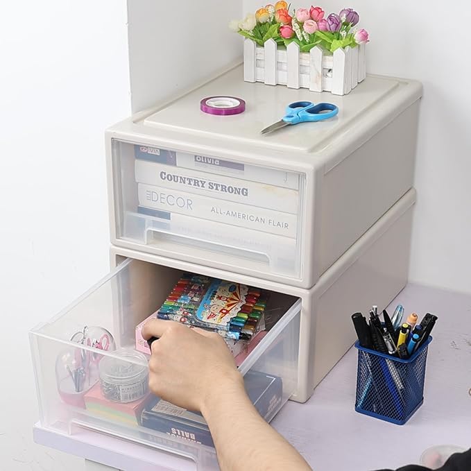 17.8 Quart Desktop Stackable Storage Drawers, 2 Pack Plastic Drawer Boxes, Beige
