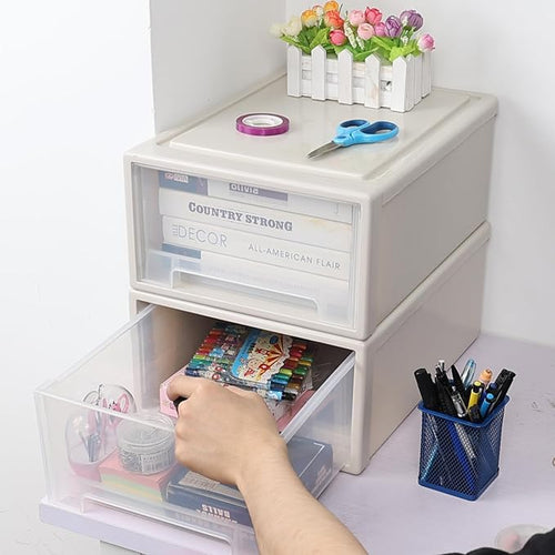 17.8 Quart Desktop Stackable Storage Drawers, 2 Pack Plastic Drawer Boxes, Beige