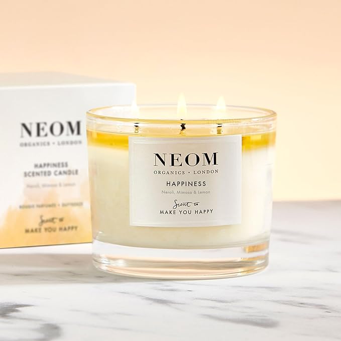 NEOM- Happiness Scented Candle, 3 Wick | Essential Oil Aromatherapy Candle | Neroli, Mimosa & Lemon | Scent to Make You Happy
