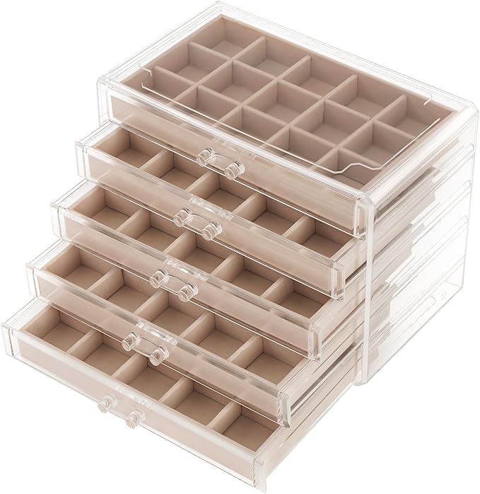 Jewelry Box Organizer，Acrylic Storage Organizer with 5 Drawers Adjustable Velvet Trays grid size Jewelry Storage Box Clear Jewelry Organizer Gift for Women Girls (5 layer)