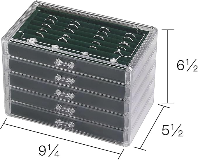 Frebeauty Extra Large Acrylic Jewelry Box for Women 5 Layers Clear Jewelry Organizer Velvet Earring Box with 5 Drawers Rings Display Case Necklaces Holder Tray for Women Girls(Blackish Green)