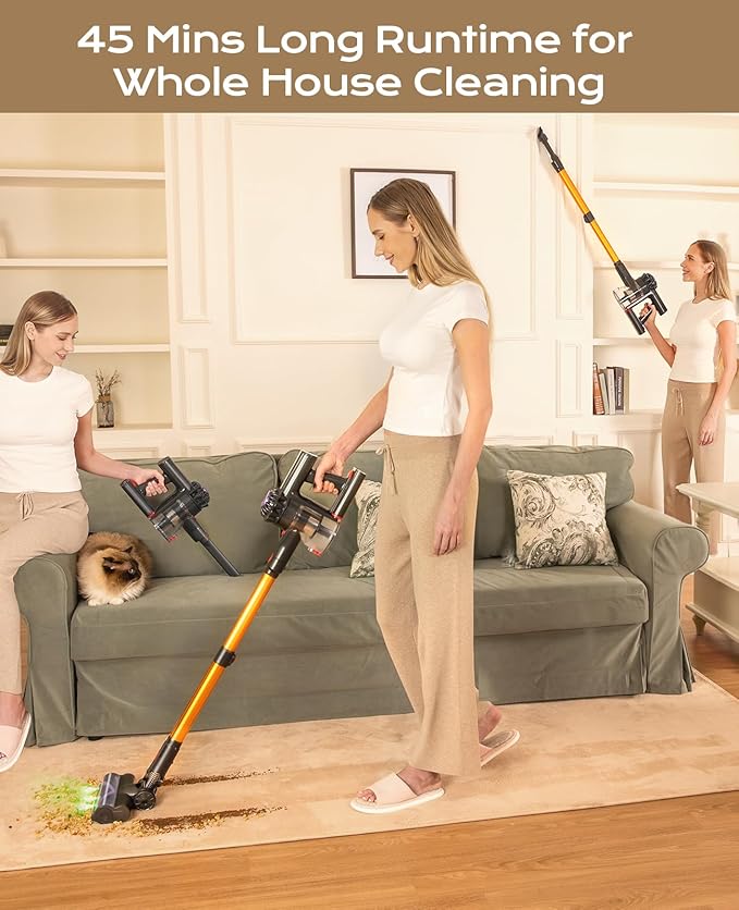 SVHT Cordless Vacuum Cleaner, 450W 40KPA Vacuum Cleaners for Home, 45Mins Lightweight Stick Vacuum with Advanced Green Light Tech, Rechargeable Battery Vacuum for Carpet,Pet Hair,Hardwood Floor