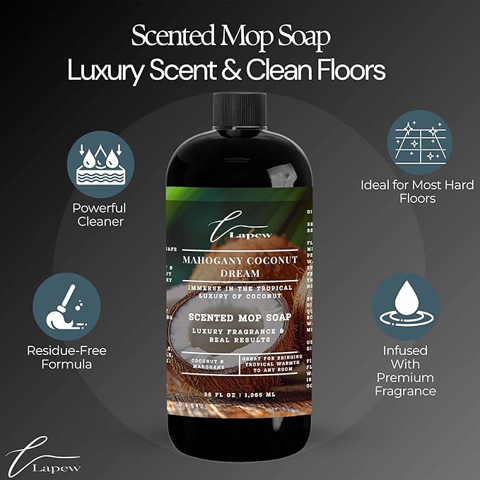 Lapew Mahogany Coconut Dream Scented Mop Soap Concentrate 36 oz | Premium Fragranced Floor Cleaner | Streak-Free | Hard Floor Cleaning Solution | Eco Friendly | Made in USA