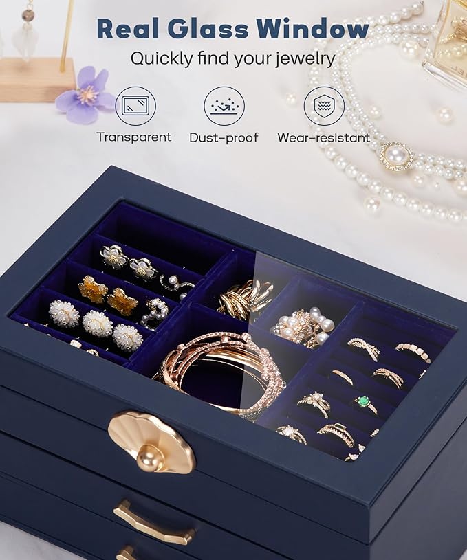 Jewelry Box with 2 Drawers: Display Organizer for Earrings Necklaces - Gifts for Girls Women (Dark Blue)