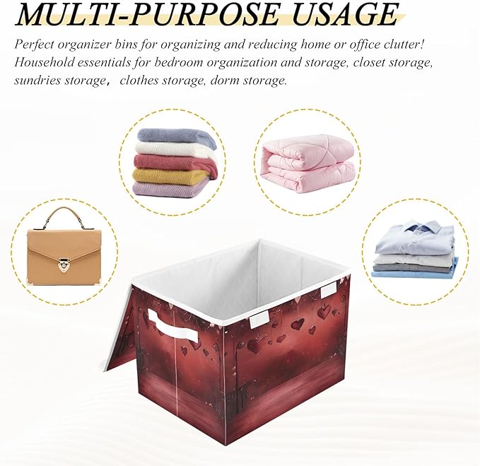 Bolaz Storage Bins with Lids and Handles,Valentine Background Dark Heat Storage Box Storage Basket with Cover Collapsible Organizer Containers for Home Closet, Shelves