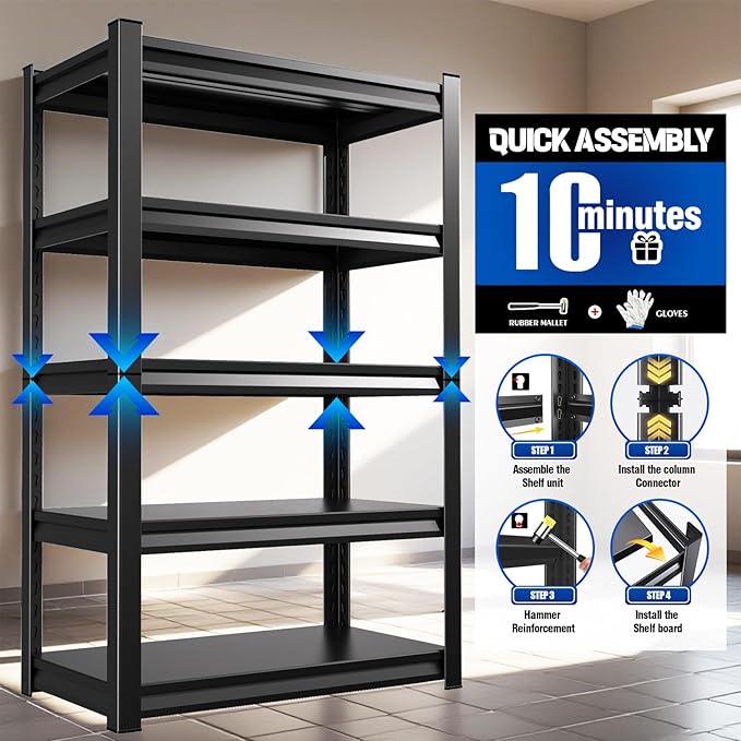 PKDYEZ 72''H/47''W Garage Shelving 5-Tier Adjustable Metal Garage Shelves Heavy Duty Unit,3000 LBS Steel Shelf Storage Rack Suitable for Industries,Warehouses,Basement,Black (72''H x 47''W x 20''D)