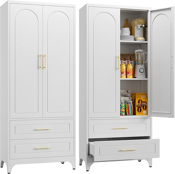 Metal Storage Cabinet with Doors and Shelves, 75" Tall Kitchen Pantry Storage Cabinets with 2 Drawer, White Food Pantry, Steel Office Cabinet, Large Cupboard, for Kitchen, Dining, Living Room