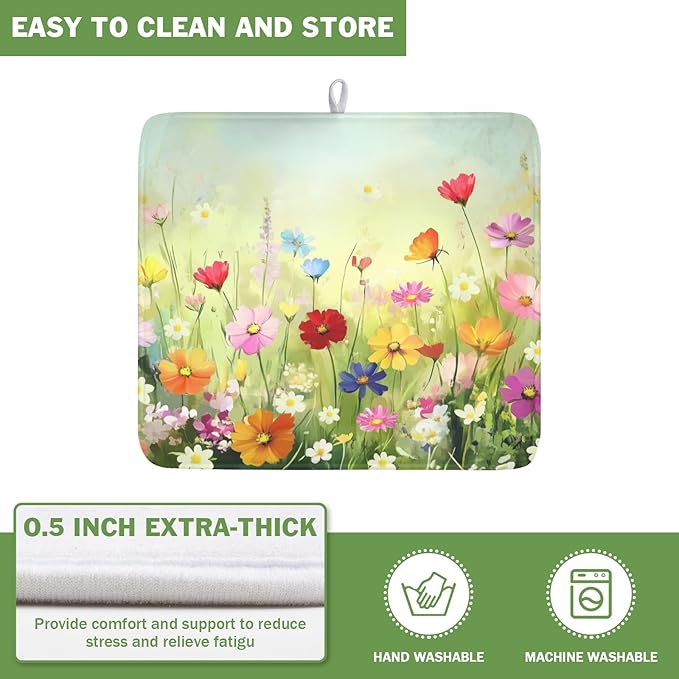 ABSOP Spring Summer Daisy Dish Drying Mat 16 x 18 Inch Colourful Floral Pattern Dish Drainer Rack Mat Absorbent Microfiber Mats Holiday Dish Pad for Kitchen Coffee Dining Bar Decor
